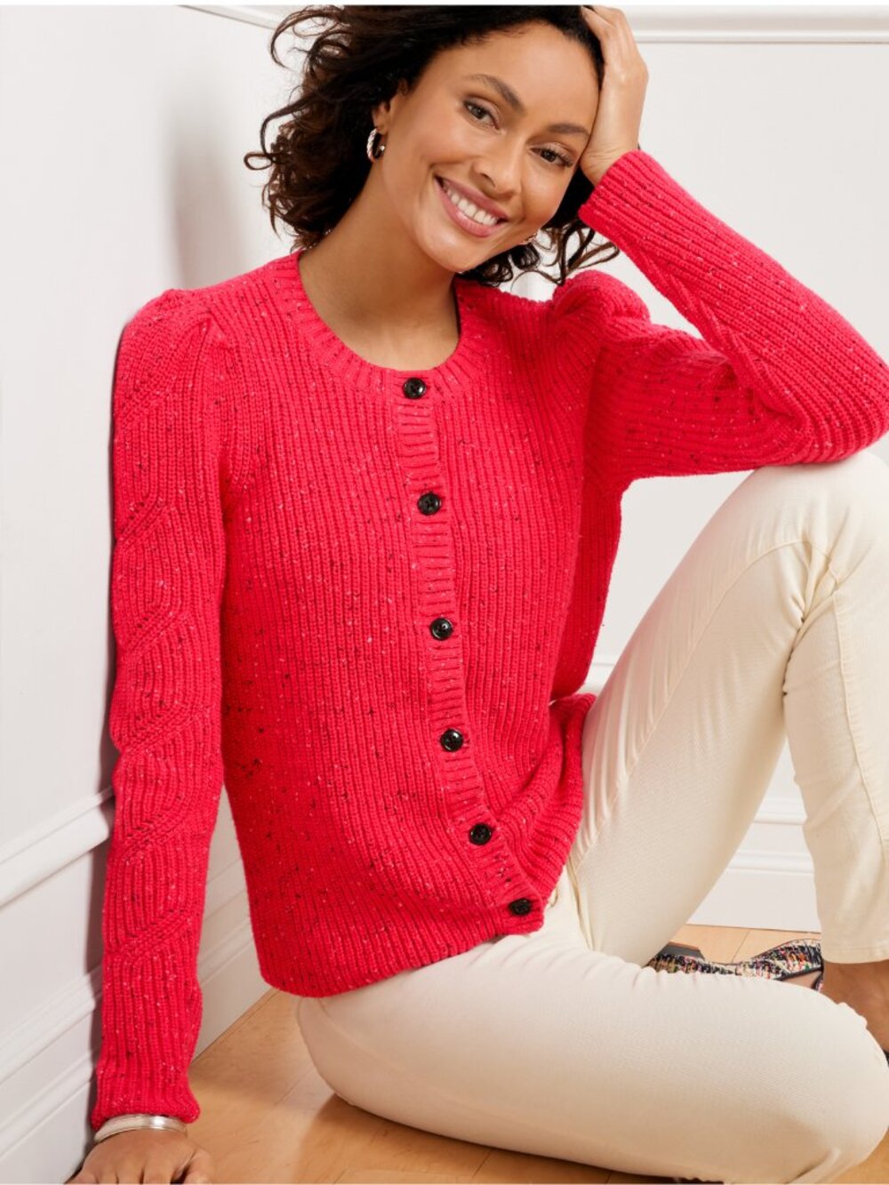 TALBOTS Puff Sleeve Cardigan Sweater Tweed Red Size Mp